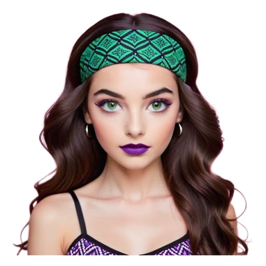A confident young woman with long, wavy brown hair wearing a black headband. She has striking green eyes and well-applied makeup, including purple-toned eyeshadow, defined eyebrows, and soft pink lipstick. She is dressed in a stylish black and white patterned top, with a neutral-colored background. The lighting is soft and even, casting gentle shadows that highlight her facial features. Her expression is poised and self-assured, looking directly at the camera. sticker