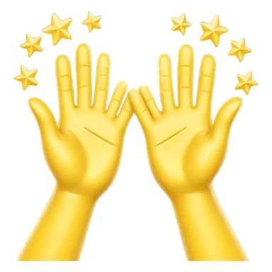 A 3D digital emoji of two yellow cartoon hands doing a joyful high five, palms clapping together in the air, with bright sparkles and motion lines to show excitement and celebration, Apple emoji style sticker