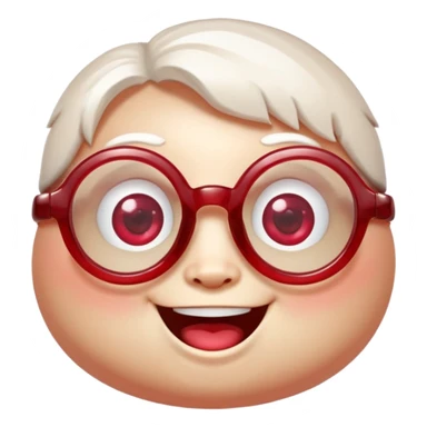 A single chubby crystal gemstone character wearing cute round glasses, chunky and irregular with faceted sides (not egg-shaped), [red], big glossy eyes behind the glasses and a wide happy smile, , high detail, soft lighting, centered on a plain dark background sticker