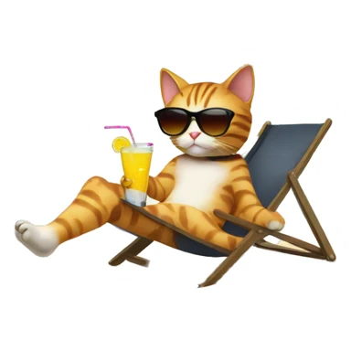 cat relaxing on the beach with sunglasses and drink, palm tree in background sticker