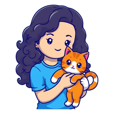 girl with long black curly hair holding a ginger cat sticker