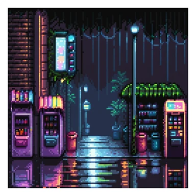 Pixel art urban street at night, side view, neon lights, vending machine, empty sidewalk, moody atmosphere, light rain reflections, trash bins, vertical 9:16 aspect ratio, Sega Genesis fighting game background
 sticker
