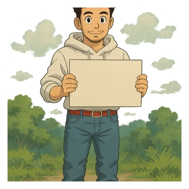 1 male, mid fade haircut dark chestnut brown curly hair, toasted lightskin, white hoodie sleeves up, fashion jeans, red fashion-sneakers shoes, red belt, short trimmed beard and goatee,  style of deku from "my hero academia", pose: holding a blank poster chest level sticker