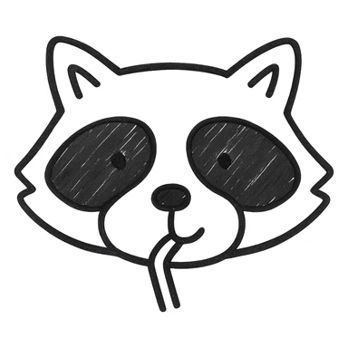 Show only the raccoon's face drinking through a straw in hand drawn black outline style, with no background, focusing on clear black outlines and hand drawn style. sticker