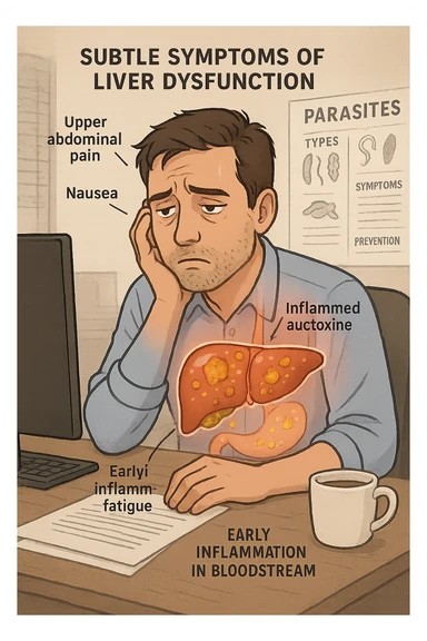 Man sitting at office desk experiencing subtle symptoms of liver dysfunction, upper abdominal pain, nausea, and unexplained fatigue Parasites: Types, Symptoms, Treatment & Prevention, expression of confusion about vague health issues, liver shown in transparent overlay with early inflammation, toxins beginning to accumulate in bloodstream, productivity declining as liver struggles to filter properly sticker