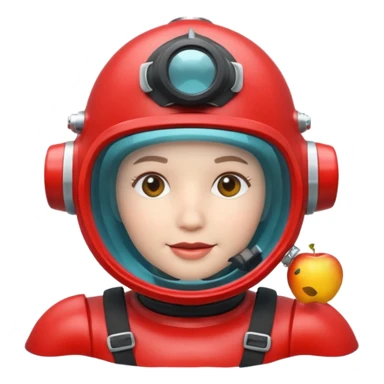 3D cartoon-style human character in the Apple emoji style, wearing a red diving helmet with glass visor sticker