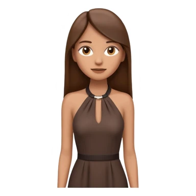 emoji-style illustration of a stylish woman with long straight brown hair, wearing a dark halter neck dress, elegant and minimalistic look, front-facing, soft 3D cartoon rendering, plain background sticker