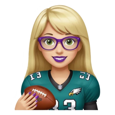 long blonde hair with bangs black rectangle glasses female green eyes football player wearing eagles uniform jersey number 33 holding football smiling purple lipstick sticker