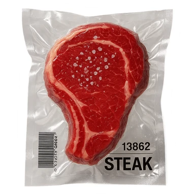 steak with small crystals on top, glossy and puffy, vacuum-sealed style sticker