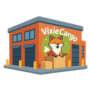 Remove the stroke or outline from the modern parcel warehouse building emoji with the Vixie Cargo logo, keep the color scheme and no background. sticker