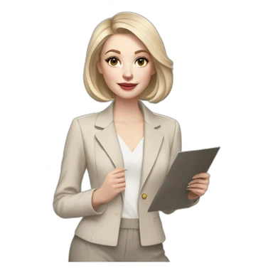 pale skin woman with ash blonde Straightened bob Hair, White Spacious classical jacket, beige palazzo Arrow pants and gray blouse holding a color palette in the hands sticker