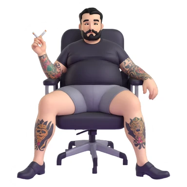 Large man reclining in chair, legs spread showing tattooed left calf, smoking a cigarette, round face, very short black hair, well-groomed beard with small mustache, light skin, black t-shirt with light stripes at top riding up to show belly, black shorts, arms and left calf covered in matching black graphic tattoo patterns sticker