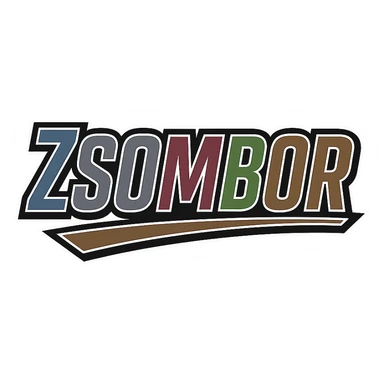 Text image of the name 'Zsombor' in a masculine, modern font with gradient colors (blue, gray, burgundy, green, brown), precise Hungarian characters, dark contour, extra thick, prominent white letter border, dynamic slanted underline, 1000x1000 px, PNG, transparent background. sticker