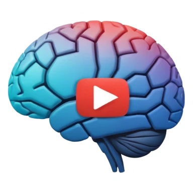 Minimalist flat icon design, brain silhouette with YouTube play button triangle integrated inside, clean vector style, single color or gradient, simple lines, professional logo style, white background, centered composition sticker