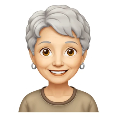 Bà lão 60 tuổi, da vàng, mặt tròn, tóc ngắn màu bạc, tóc hơi xoăn, mặt cười tươi vui vẻ, áo nâu sticker