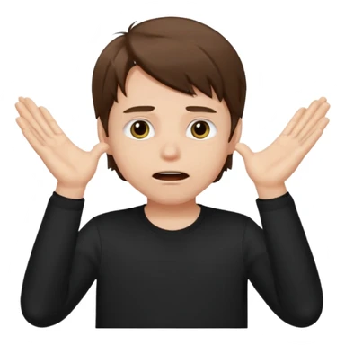 apple style emoji of a white boy with slightly large brown hair (less large than before), wide open eyes, wide open mouth, hands covering his eyes, wearing a black shirt sticker