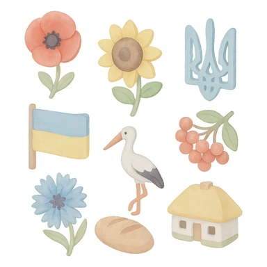 3D illustrative style icons set: red poppy, sunflower, Ukrainian flag, trident, red viburnum, cornflower, bread, stork, Ukrainian house. 2x3 grid, organic spacing, transparent background. Artistic brush strokes, light brush texture, uneven edges for handmade effect, soft pastel colors, light graininess, camera angle 25°, watercolor spatial effect. sticker