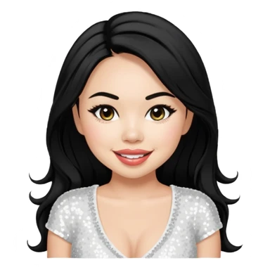 Janel Parrish with long black hair, white sequin outfit sticker