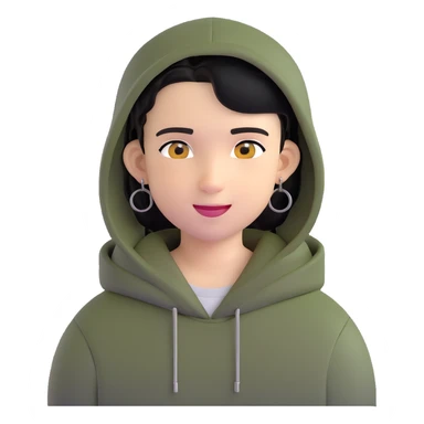 boy with military cut black hair, brown eyes, wearing 2 circle earrings and a black hoodie with a smiley face sticker