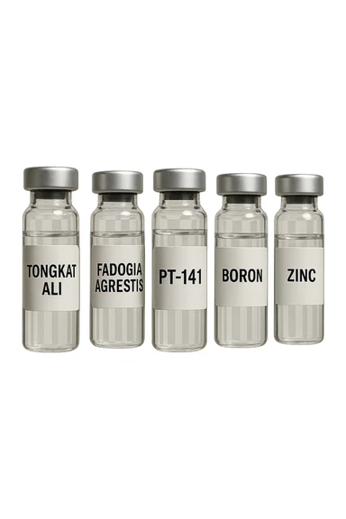 3 fiale mediche: Tongkat Ali, Fadogia Agrestis, PT-141, Boron e Zinco fluttuano in aria verticalmente sticker