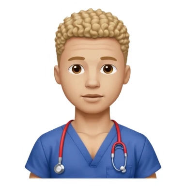 Ripped, athletic man with thick neck, high top fade with no part, curly hair only top only, no shirt and show waistline up add scrubs sticker