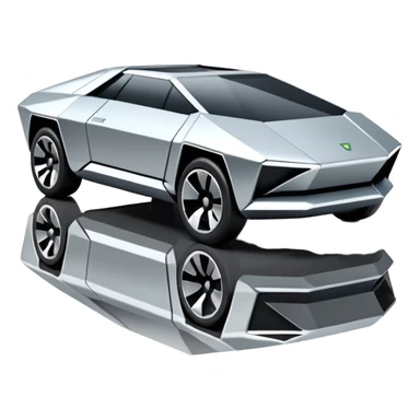 A futuristic chrome car emoji, sharp geometric body design inspired by cybertruck aesthetics, smooth silver metallic surface, matte and glossy chrome mix, minimal details, soft reflections, clean edges, iOS emoji style, centered, clean white background, soft studio lighting, no text sticker