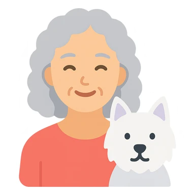 50-year-old pretty lady with silver curly hair, smiling, with a Westie dog, color icon sticker