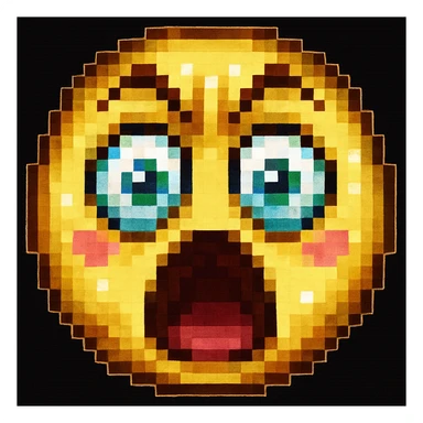 Make the surprised face emoji much more dramatic, with wide open mouth, raised eyebrows, and exaggerated eyes, in pixel art style. sticker