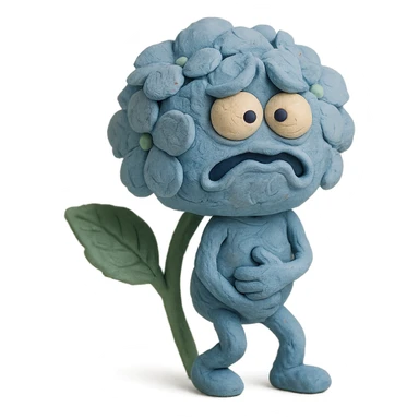 sky blue hydrangea flower with a twisted face and bulging eyes, holding its belly in a desperate toilet run, soft pastel shades, claymation style sticker