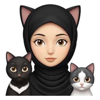 A girlhuman with brownblack eyes and black hijab. and three cats, two blackwhite and one grey cats animals  sticker
