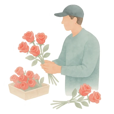 rose farm emoji showing grading and bunching of roses, watercolor art style sticker
