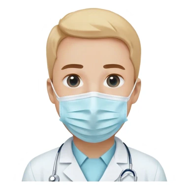 A minimalistic bust of a dentist wearing a white coat with a light blue shirt underneath. The figure has a simple white surgical mask covering the mouth and nose, with visible focused eyes. A small tooth icon is subtly placed on the coat instead of a red cross. The design is sleek and modern, with smooth lines and soft shading. The background features a minimal, abstract dental symbol such as a tooth outline or a small dental tool (mirror or scaler). No extra details, keeping a clean, professional, and minimalistic emoji style sticker