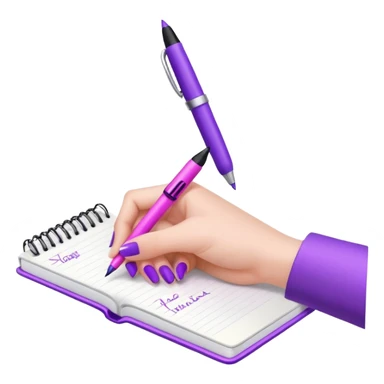 female hand with purple manicure writing in notebook with pink pen sticker