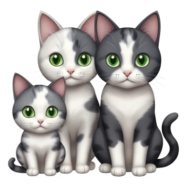 3 different coloured small cats including a dark grey and white, and a patchy calico and a completely solid dark grey with green eyes and only white paws sticker