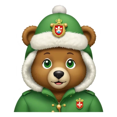 Sweet brown teddy bear face with friendly expression and bright green eyes, snow white furry ushanka hat with detailed Russian Federation coat of arms, iOS emoji style sticker