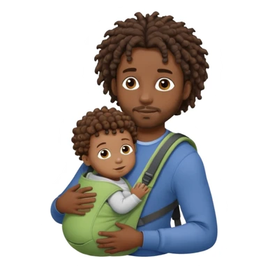 Dark skinned black Dad, with short dread locks with his brown curly haired baby in carrier baby sticker