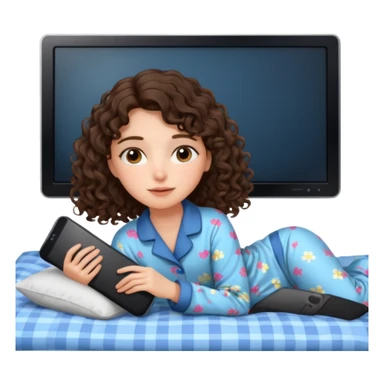 Draw a brunette girl with shoulder-length curly hair, lying on the bed watching TV.  sticker