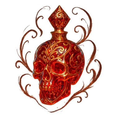 very luxurious crystal skull-shaped elixir bottle, red color, very small golden collar, lots of glowing, edges, ornaments, golden details, magical effects, transparent background, clearly floating in air, no base or shadow, premium class, matches a collection sticker