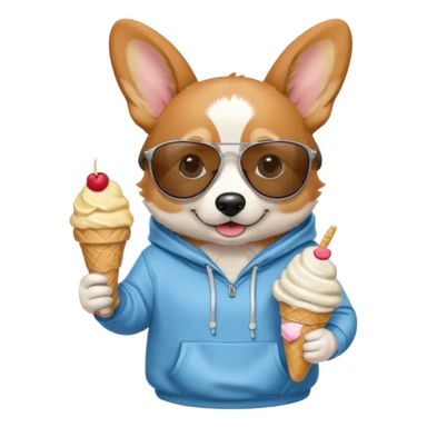 Cartoon corgi with ice cream, a hoodie, and sunglasses sticker