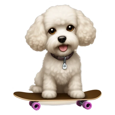 small dog with light tan curly fur, very very long ears down. dark brown eyes, mouth closed. on a skateboard bichon mix sticker