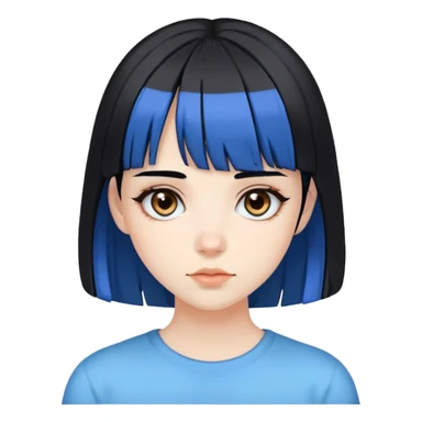 Pale girl with brown eyes, black hair with bangs, with two strips of blue hair sticker