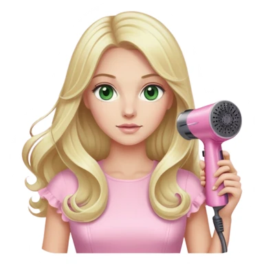 blonde with long hair and swamp green eyes, wearing a pink pastel dress, holding a pink Dyson hair dryer sticker