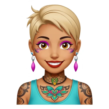 girl with bold face tattoos, happy face, wearing a colorful shirt sticker