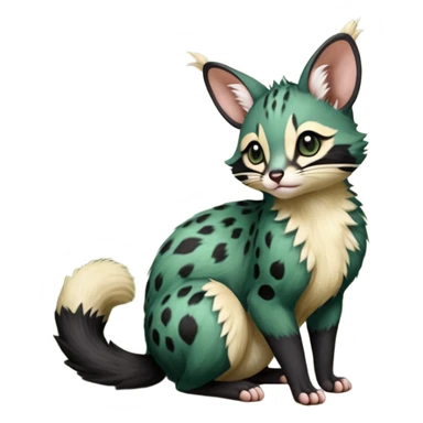 Dark-Green, black-pointed, soft natural realistic romantic vintage antique divine beautiful elegant pretty precious cute young youthful  Fakémon-Pokémon-opossum-feline-mouse-serval-caracal-chinchilla-Minccino-Cinccino-Meowstic-rodent-hybrid-creature with a big fluffy bushy tail (full body) sticker