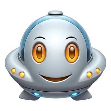 Design a simple, friendly spaceship with a smooth, rounded shape. Add a clear 'face' on the front using glowing lights for eyes and a curved line for a smile, giving it personality. Use a plain background to keep the focus on the ship sticker