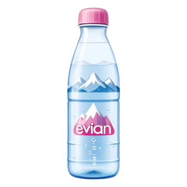 Evian branded water bottle with pink cap, clear plastic bottle showing the distinctive Evian mountain logo sticker