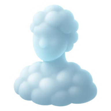 shoulder-up portrait of a person facing forward, fully composed of bright, convex clouds with soft glow, matte glass style sticker