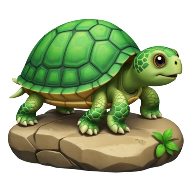 A 3D cartoon turtle climbing onto a rock near water, bright green shell, soft shading and smooth texture, cheerful and friendly expression. sticker