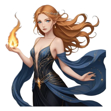 A fierce yet ethereal female High Fae with golden-brown hair cascading down her back, streaked with hints of sunlit gold. Her sharp, striking blue-gray eyes hold an unyielding fire. She wears a flowing black gown with constellations embroidered in silver thread, draping elegantly over her graceful frame. Her delicate hands bear golden tattoos, symbols of ancient magic binding her fate sticker