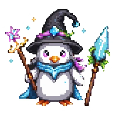 penguin wizard with magical sparkles, a unicorn, fairy, and tiny goblin companion sticker